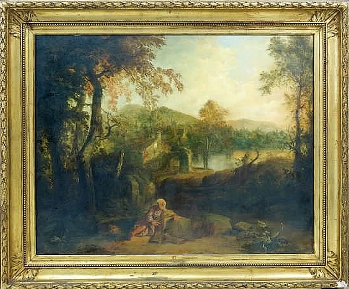 Paesaggio con personaggi e fattoria su un fiume